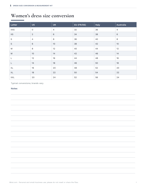 Preview of Printable International Dress Size Chart